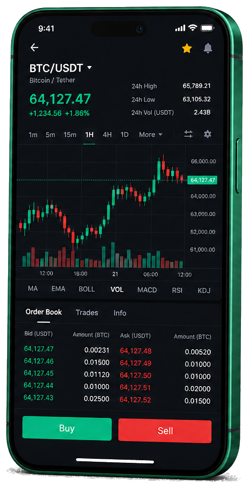 Mobiel handelsplatform van Serena Scortimonto — live BTC/USDT-grafiek met orderboek en koop- en verkoopfuncties